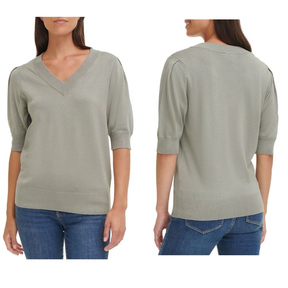 DKNY Women's Large Lightweight Knit Puff Sleeve Top Sweater Sagebrush Casual‎